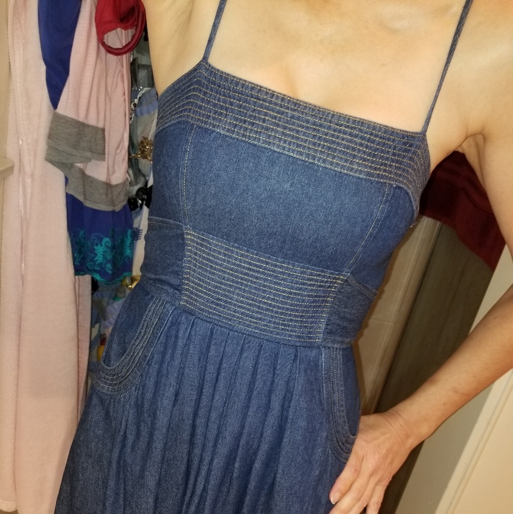 Denim dress with attached belt and pockets